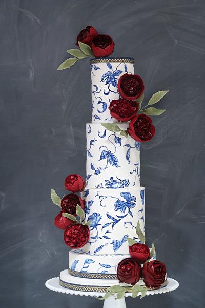 Hand-painted "Blue and White Porcelain" with Deep Red David Austins in Gumpaste - Cake by Jackie Florendo