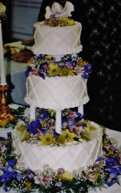 Blue and yellow lattace buttercream anniversary cake - Cake by Nancys Fancys Cakes & Catering (Nancy Goolsby)