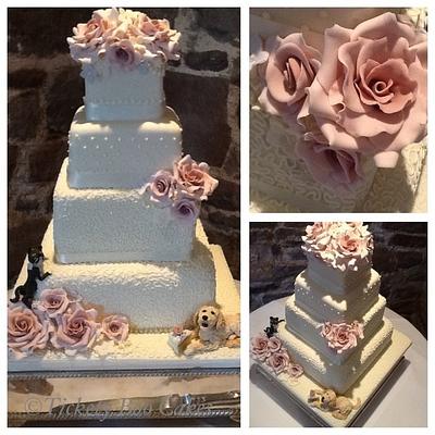 Ivory and dusky pink rose wedding cake with dog and cat - Cake by Tickety Boo Cakes