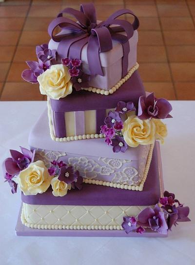 Purple and Cream Flower Gift Boxes Wedding Cake - Cake by Tiers Of Happiness