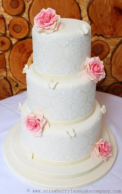 Ivory Damask and Pink Roses Wedding Cake - Cake by Strawberry Lane Cake Company