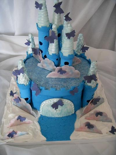 Blue & Silver Butterfly Castle in the Clouds Birthday Cake - Cake by Christine