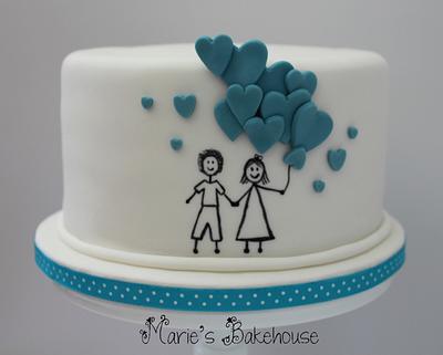 Cartoon couple with blue balloons wedding cake - Cake by Marie's Bakehouse