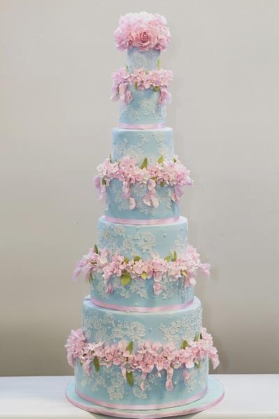 Duck egg blue lace wedding cake with pink sugar flowers - Cake by Elizabeth's Cake Emporium