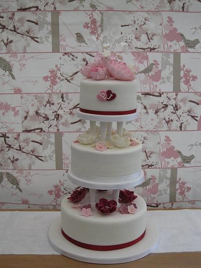 Wedding Cake with pink, cream and burgundy roses & peonies - Cake by Combe Cakes