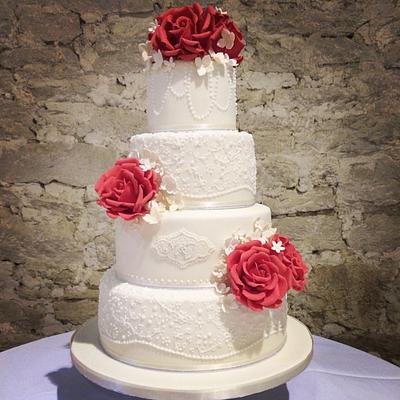 Vintage Red Rose and Monogram Wedding Cake  - Cake by Samantha Tempest