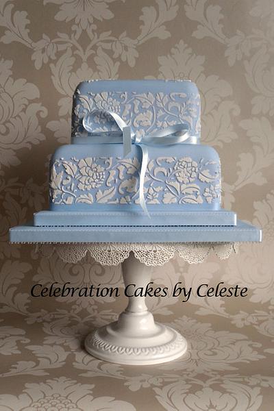 Pale blue wedding cake with stencilled 'Peony' design - Cake by Celebration Cakes by Celeste