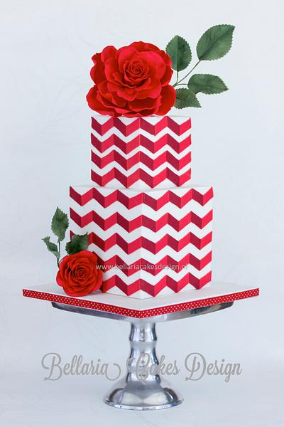 Red chevron cake with big rose - Cake by Bellaria Cake Design 