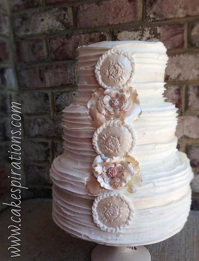 Ruffle wedding cake with rose medallions - Cake by Chef Jen