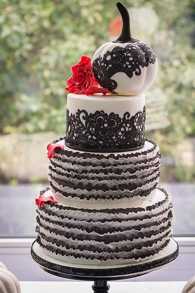 Black and white ruffle cake with white pumpkin, Gothic style - Cake by CakeyBakey Boutique