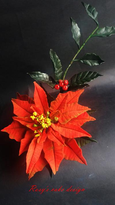 Red Poinsettia and Holly green - Cake by rosycakedesigner