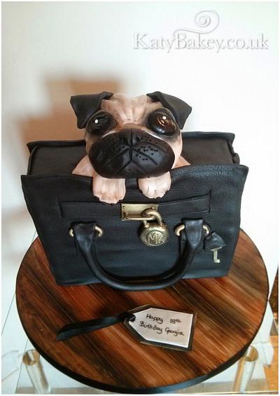 Pug Dog in a bag  - Cake by Katy Davies
