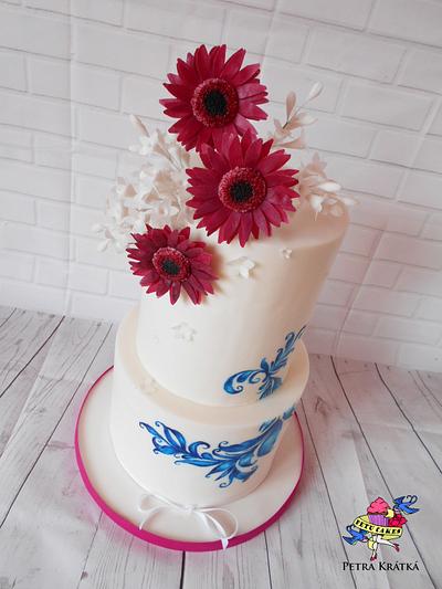 Wedding cake with gerberas and painted ornament - Cake by Petra Krátká (Petu Cakes)