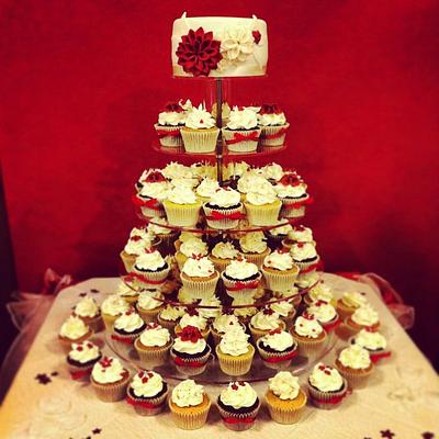Wedding cupcake tower in red & white - Cake by Bella's Bakery