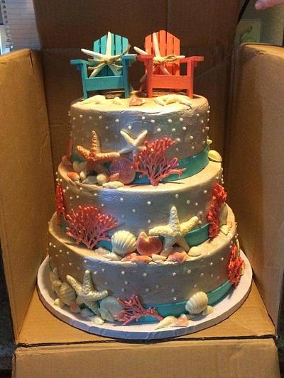 Aqua and Coral Wedding - Cake by CakesByGeri