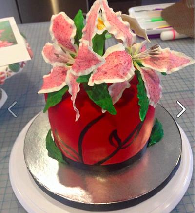 Proposal Cake - 3 Stargazer Lilies...on the red - Cake by Joliez