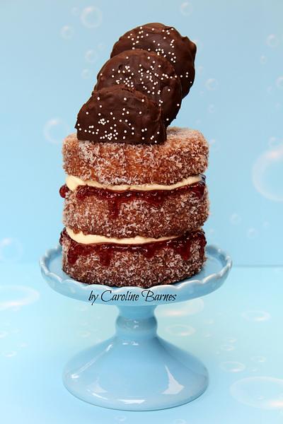 Australia Day Lamington layer cake with home-made wagon wheel biscuits - Cake by Love Cake Create