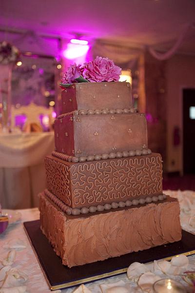 Chocolate wedding cake, hot pink peonies - Cake by Marney White