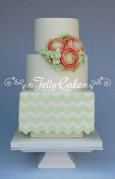Mint Chevrons and Ranunculus Wedding Cake - Cake by JellyCake - Trudy Mitchell