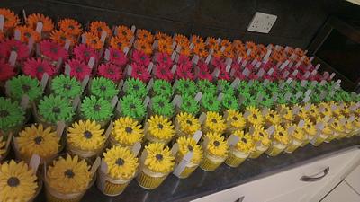 160 orange, green, yellow, pink gerbera flower wedding cupcakes - Cake by Krumblies Wedding Cakes