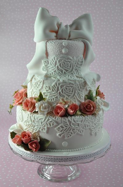 Applique Lace and Roses Wedding Cake - Cake by Rachel Leah