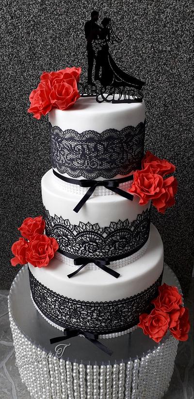 Wedding cake Black and white with red roses - Cake by Cake