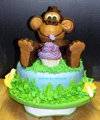 Monkey Sneaks a Taste on a First Birthday - Cake by Sweets By Monica
