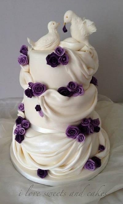 Beautiful drapes, doves and roses wedding cake - Cake by Vicki Graham