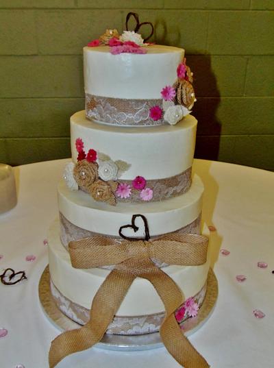 Rustic wedding cake w/ burlap - Cake by Nancys Fancys Cakes & Catering (Nancy Goolsby)