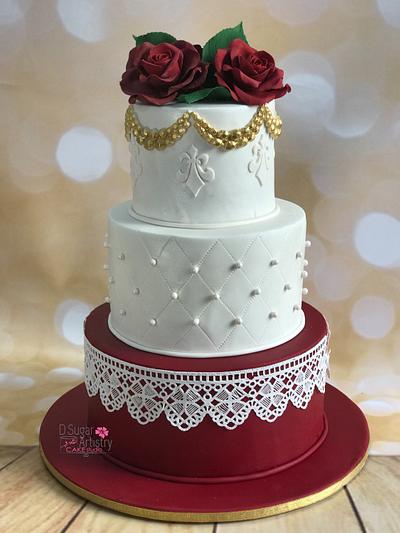 Maroon and Gold Wedding cake - Cake by D Sugar Artistry - cake art with Shabana