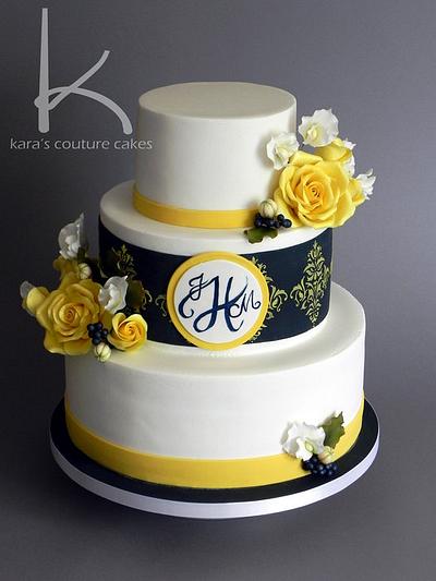 Marine Wedding with Monogram and Sugar Flowers - Cake by Kara Andretta - Kara's Couture Cakes