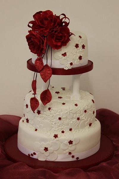 Embossed wedding cake with red rose topper - Cake by Cakes o'Licious