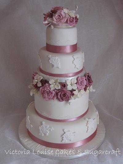 Pink Rose & Lace Wedding Cake - Cake by VictoriaLouiseCakes