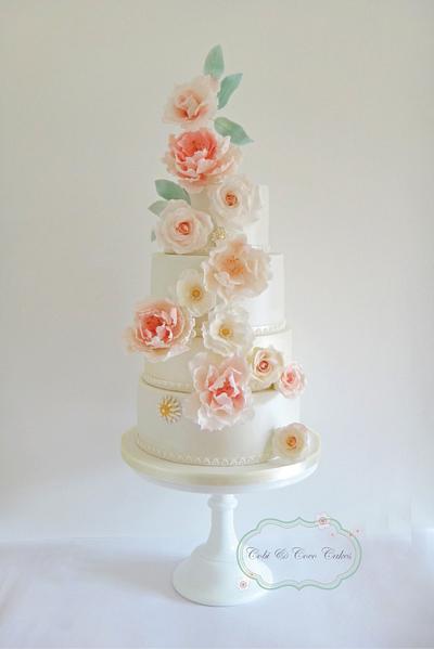Pink Peony & Roses Wedding Cake - Cake by Cobi & Coco Cakes 