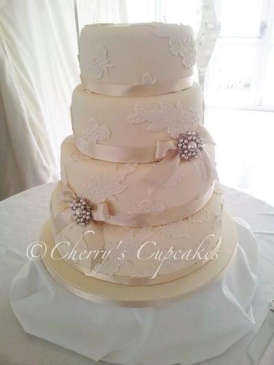 Pearl & Ivory Lace Wedding Cake - Cake by Cherry's Cupcakes