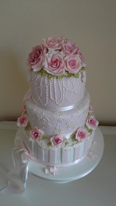 candy stripes, pearls and roses - Cake by Pretty Amazing Cakes