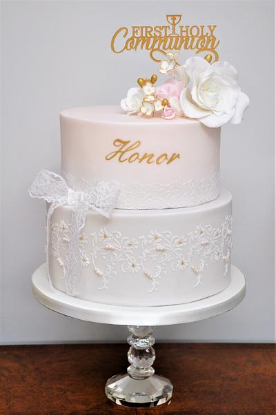 Pretty pastel pink & gold Holy Communion cake - Cake by Mrs Robinson's Cakes