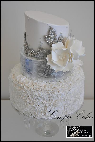 White and Silver Ruffle wedding cake - Cake by Comper Cakes