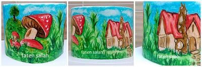free_hand painting cartoon cottage scene - Cake by Faten_salah