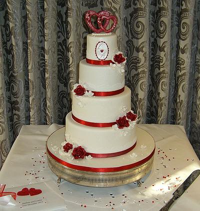 'Love' Red & White 4 Tier Wedding Cake - Cake by Sparkle Cupcakes