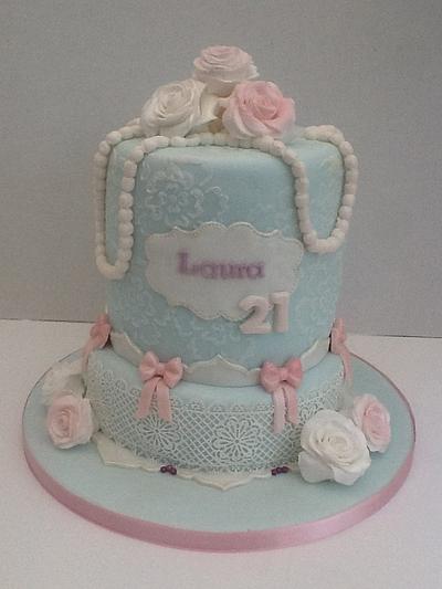 Vintage lace, pearls and roses 21st Birthday Cake - Cake by JulieCraggs