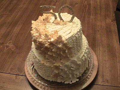 50 anniv.cake ...buttercream ruffles and fondant butterflies,start out white  and end Gold.. - Cake by hammer