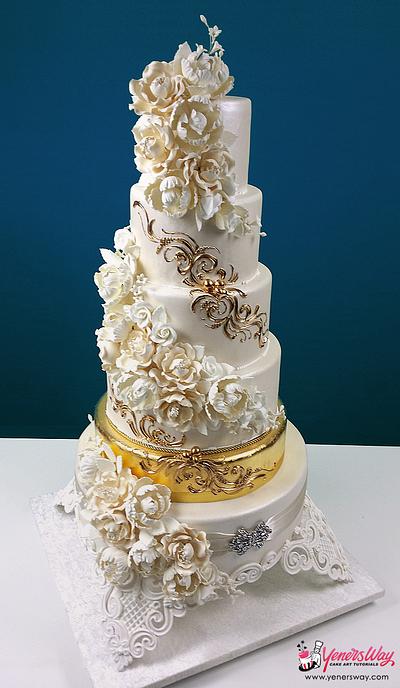 Cascading Foral Bouquets with a Golden Tier Wedding Cake - Cake by Serdar Yener | Yeners Way - Cake Art Tutorials