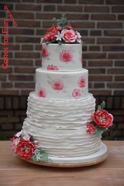 Handpainted wedding cake with ruffles, peonies and roses - Cake by Cakes for Fun_by LaLuub