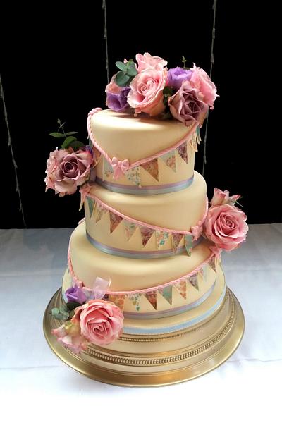 Vintage Wedding Cake with Bunting & Flowers - Cake by Storyteller Cakes