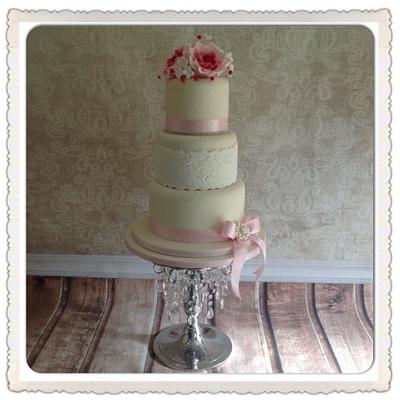 Pink and Ivory vintage lace 3 tier wedding cake with berries and roses. - Cake by pontycarlocakes