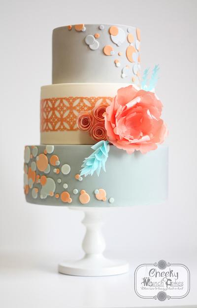 Peach and Grey Polkadot Wedding Cake with Wafer Paper Flowers - Cake by Cheeky Munch Cakes
