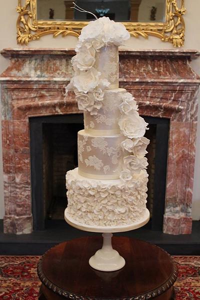 Luxe Pearls & Lace Ruffled Wedding Cake - Cake by Rosewood Cakes