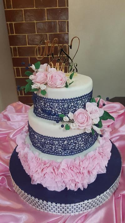 Romance in Navy Lace & Pink Flowers - Cake by Karamelo Cakes & Pastries