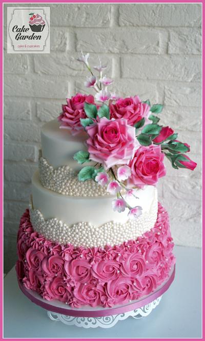 Weddingcake pink roses & pearls - Cake by Cake Garden 